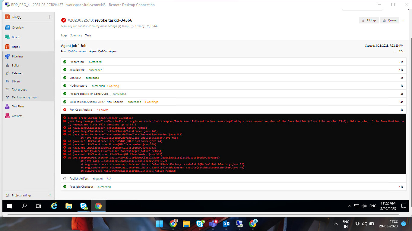 Java versioning error while running RunCode Analysis Task in Azure