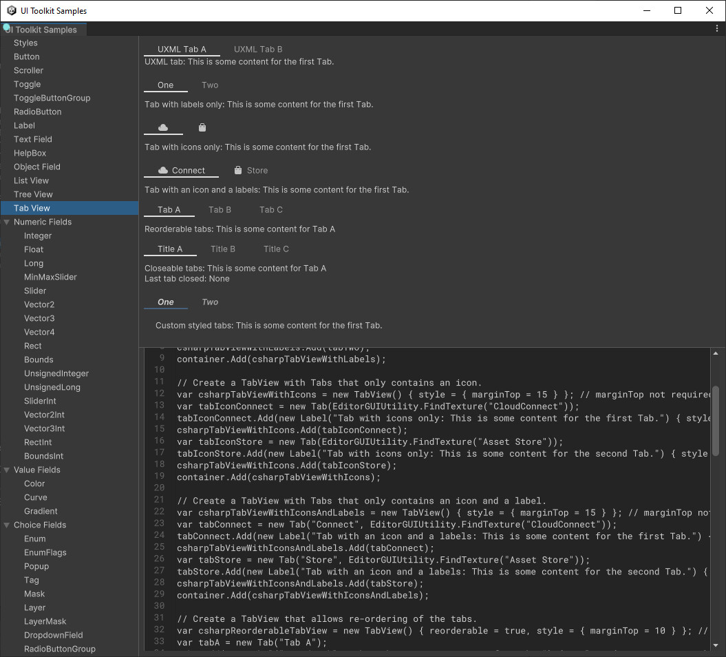 Does anyone have any examples on how to use UI Toolkit TabView? Questions & Answers Unity