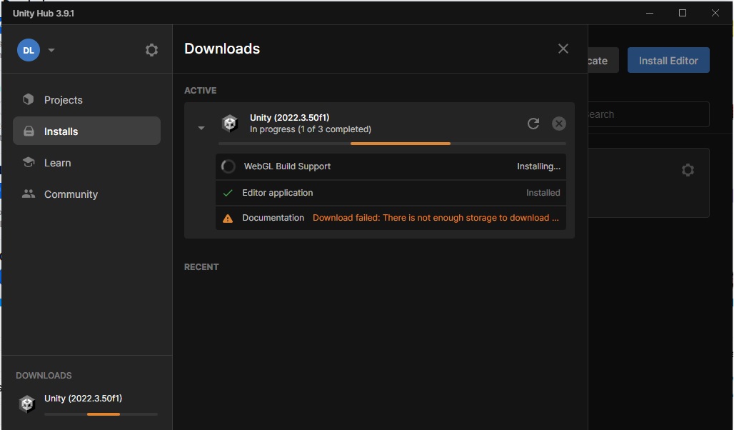 Error while installing hub documentation download failed not enough
