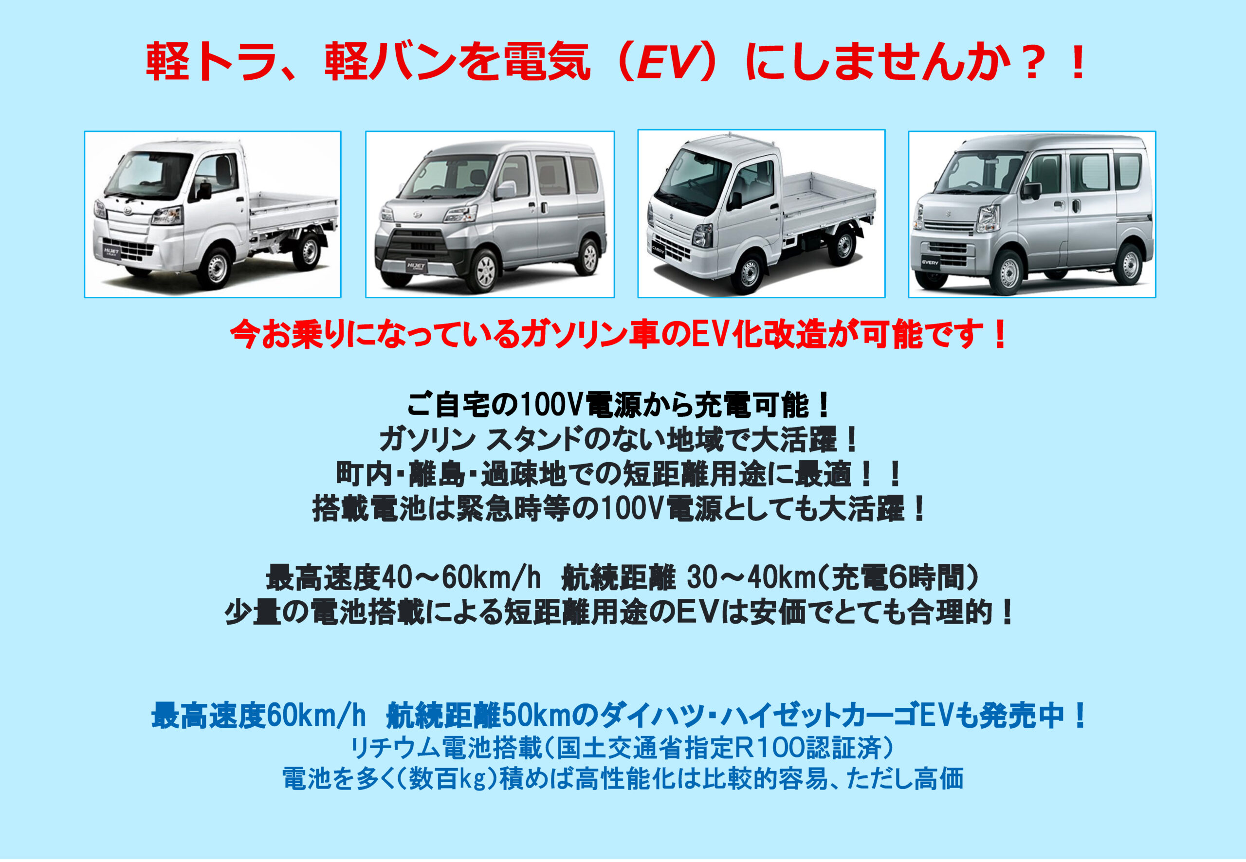 軽バン軽トラックを電気自動車仕様に 株式会社EVジャパン