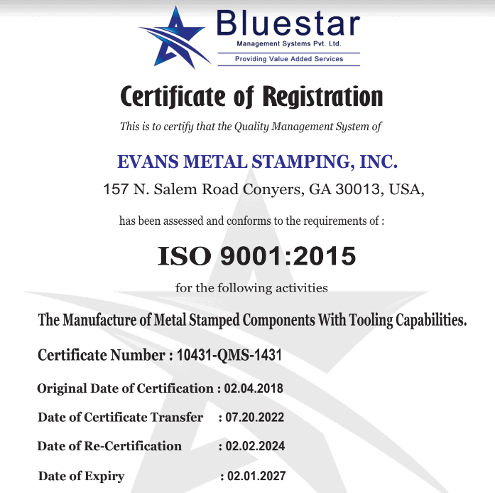 ISO 9001 Certification Evans Tool & Die, Inc. and Evans Metal