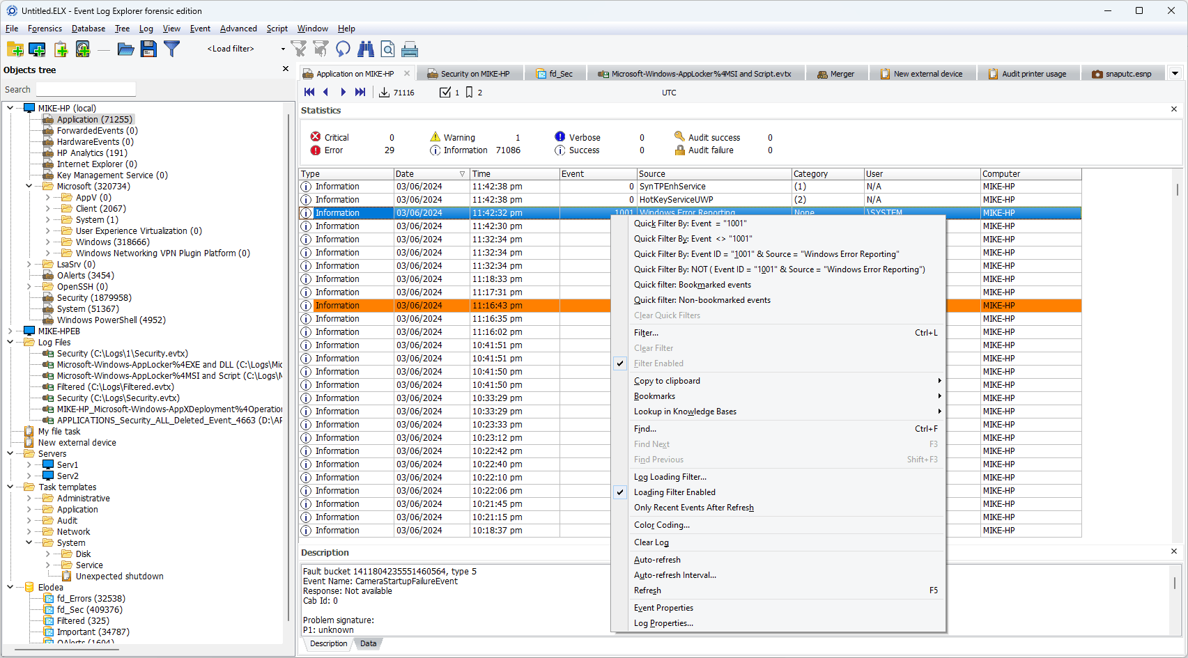 Screenshots Windows event log analysis software, view and monitor