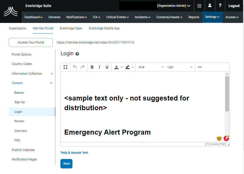 EBS How to Modify the Login Message for the Everbridge Suite Member