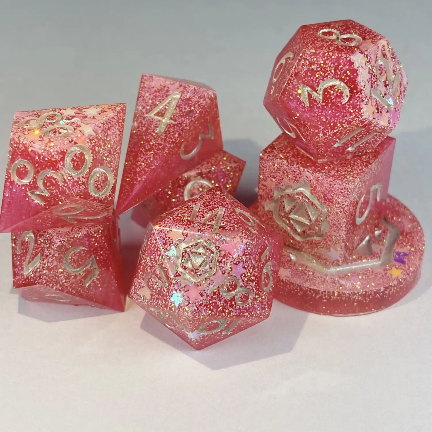 Dancing Lights Pink Resin DnD Dice Set Handmade Everhearth Inn
