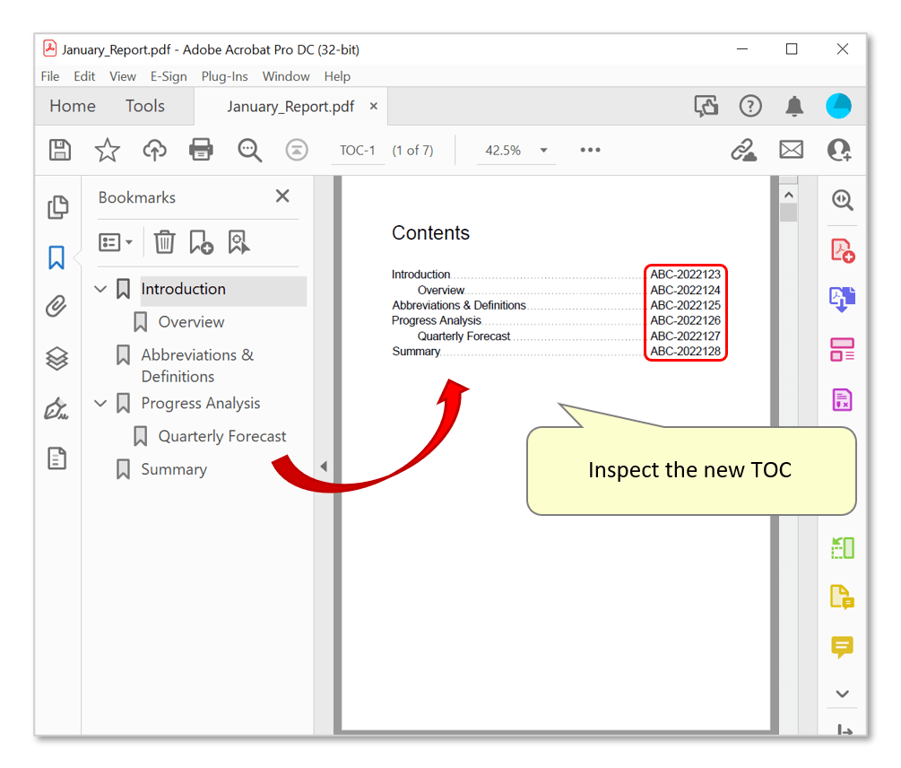Using Bates numbers for Page Numbering in PDF Table of Contents