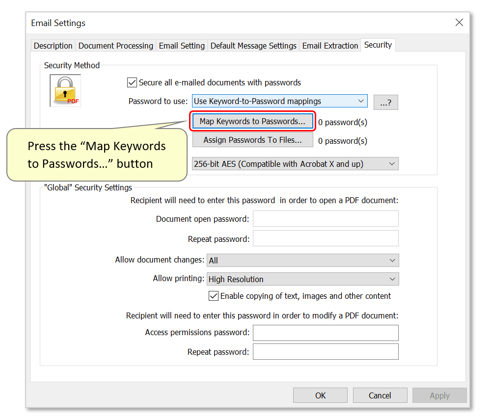 Using a Keywordtopassword Mapping Table to Passwordprotect Emailed