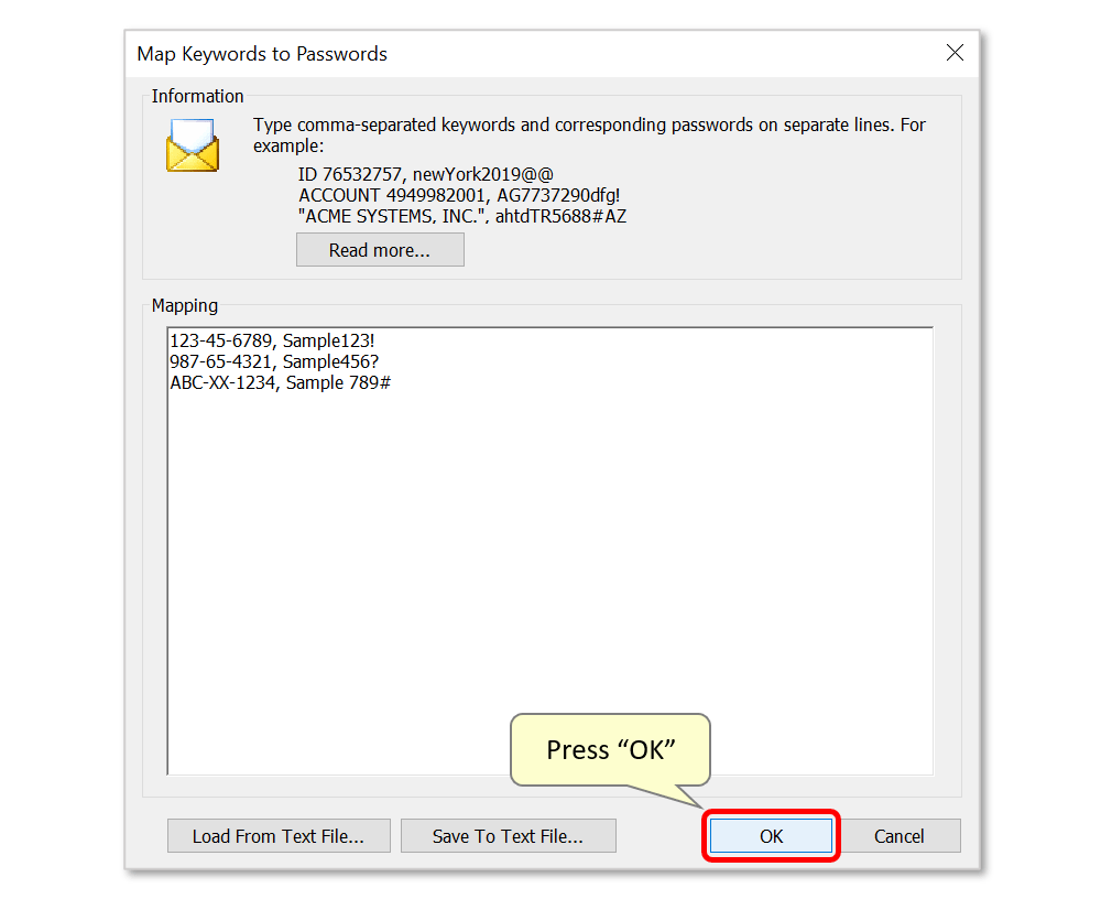 Using a Keywordtopassword Mapping Table to Passwordprotect Emailed