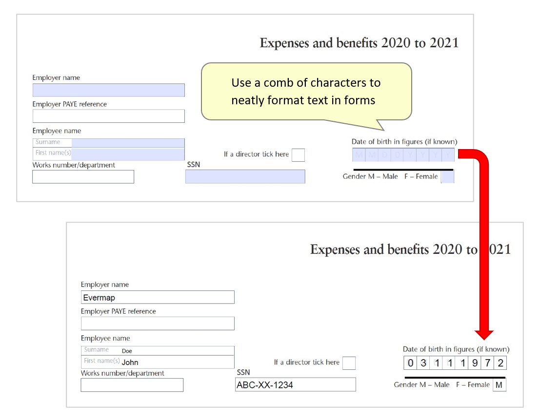 Using a Comb of Characters to Format Text on PDF Forms