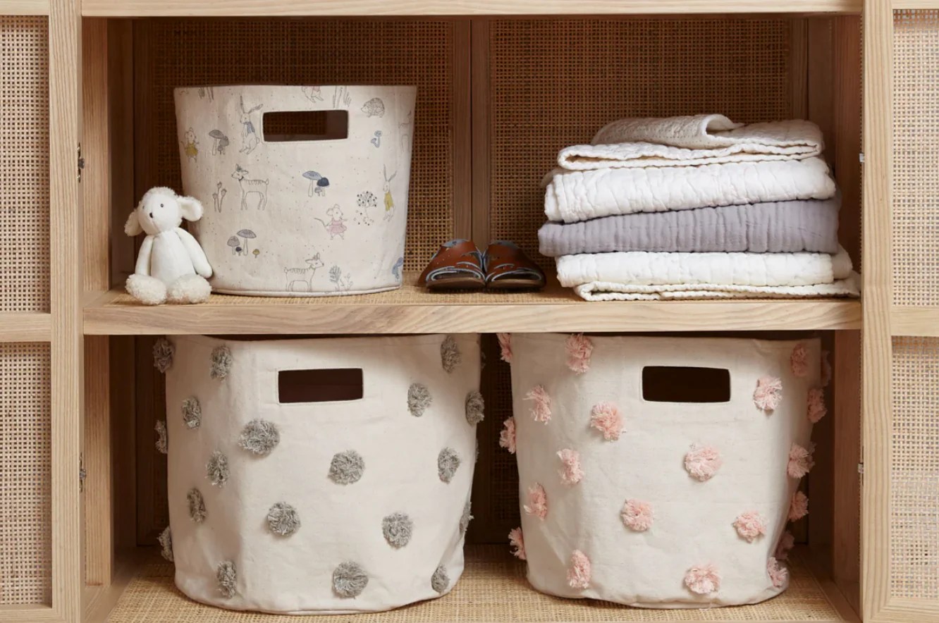 Petit Pehr Home Decor Blush Pom Pom Bin Organizer for Kids Playroom