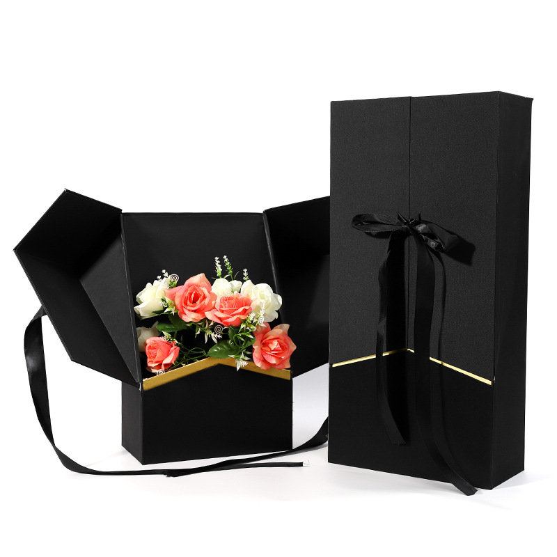 Hand Made Flowers Double Door Flap Boxes With Ribbon for Packaging