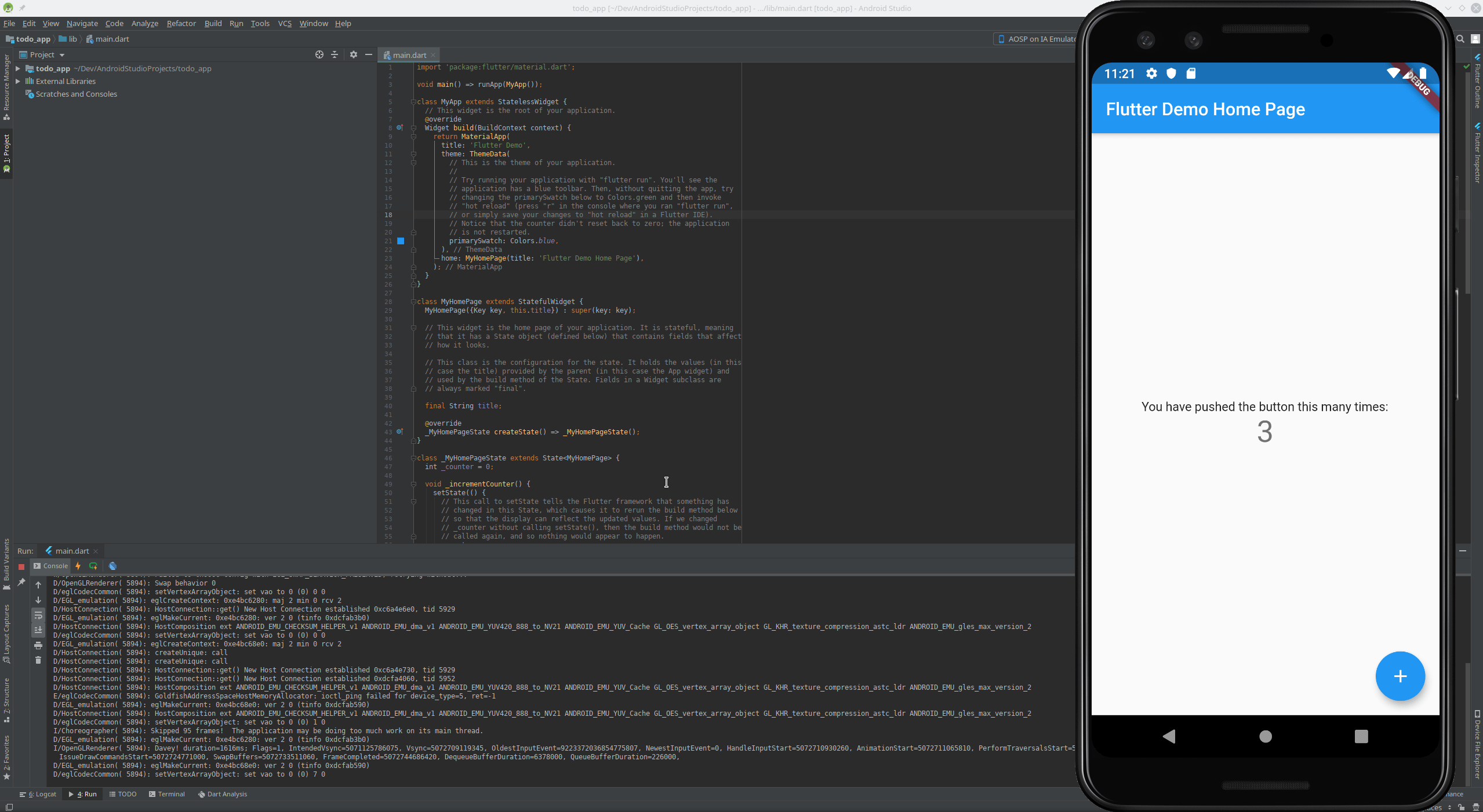 screenshot showing android studio and android emulator running sample flutter app