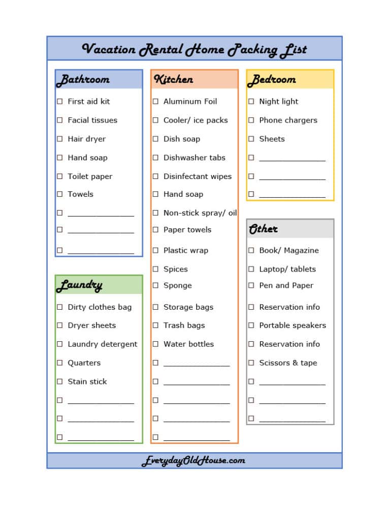 Customizable Vacation Rental Home Packing Checklist [Printable