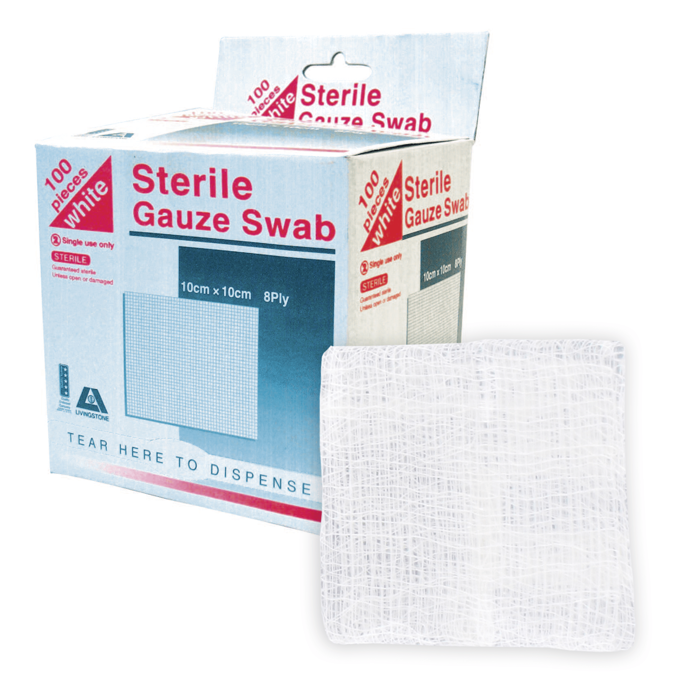 Livingstone Sterile Gauze Swabs, 10 x 10 cm x 8 ply, White, 100 Cotton