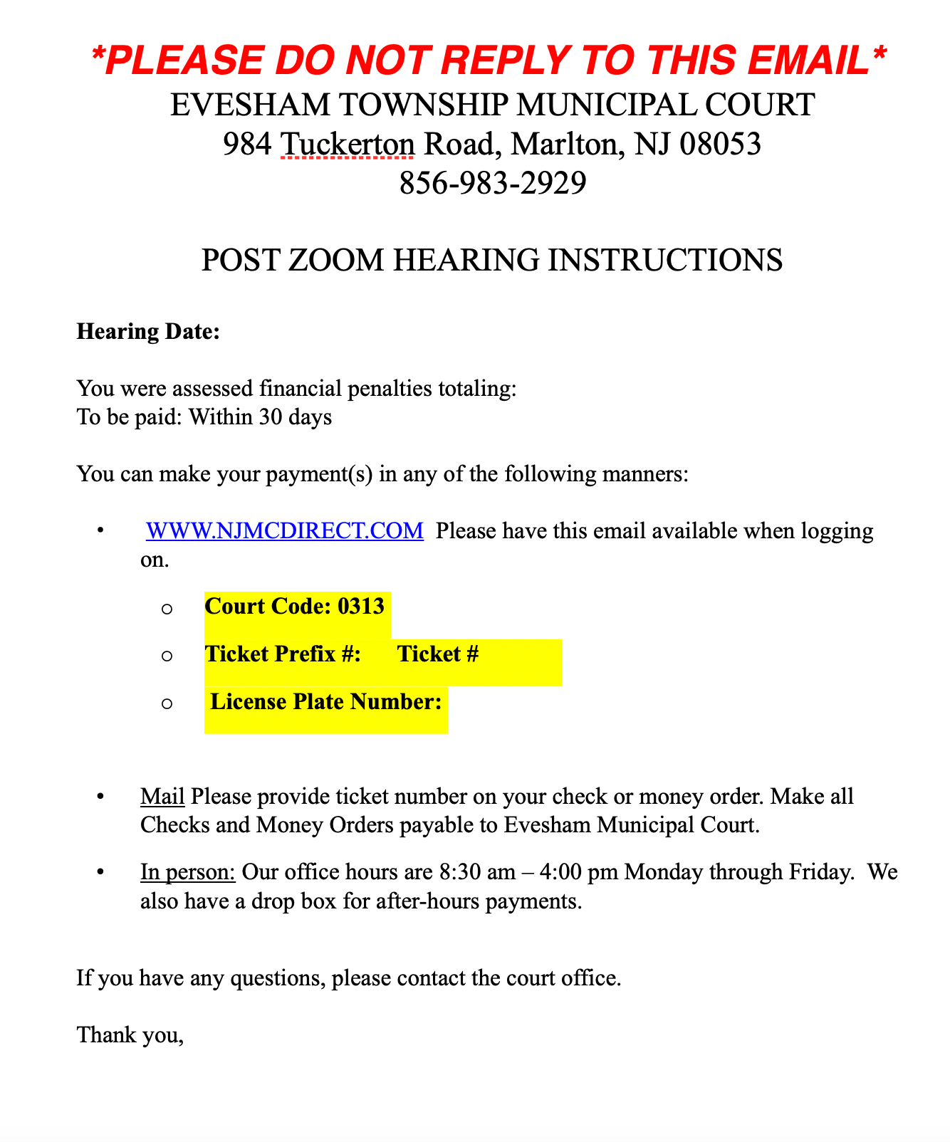 Evesham Township, New Jersey VIRTUAL COURT