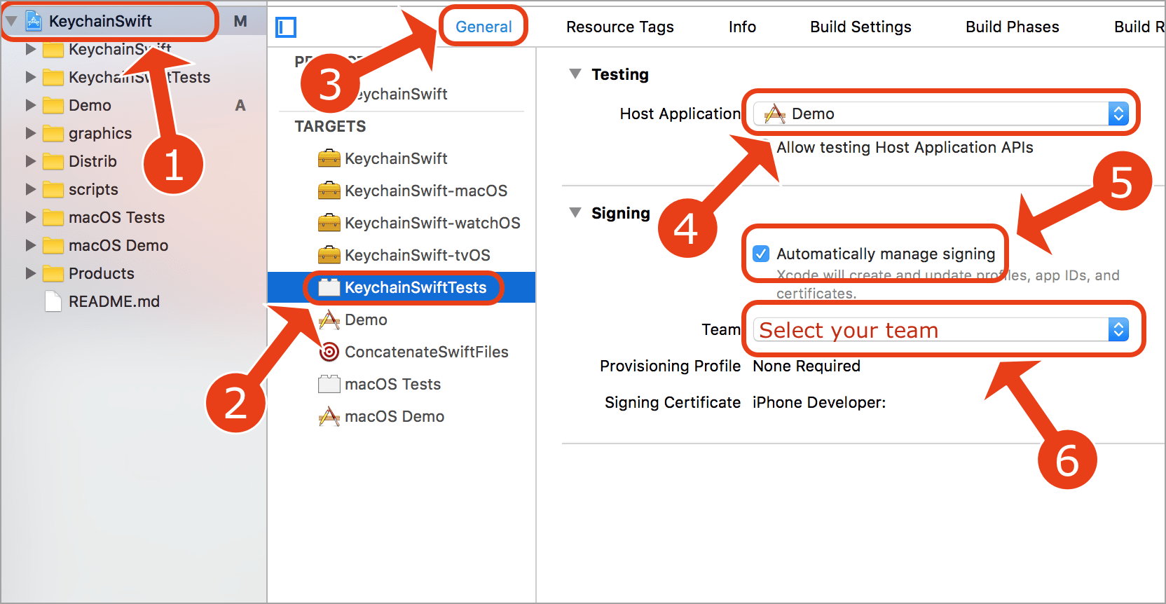 How to setup keychain library tests in Xcode 8 / iOS 10