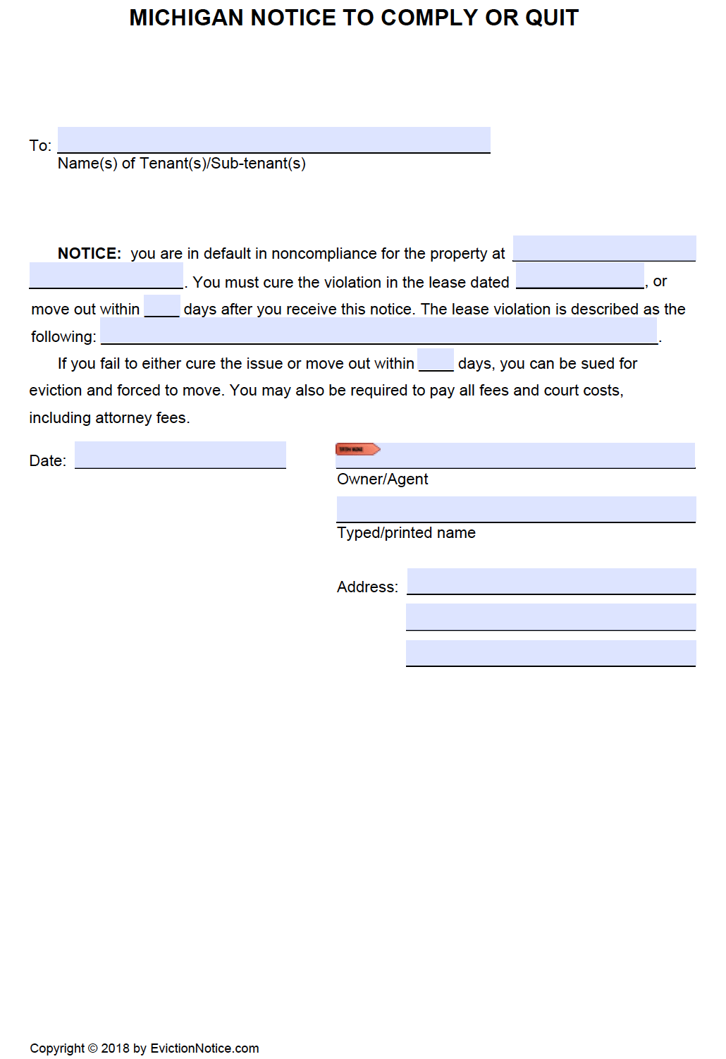 Free Michigan Notice to Comply or Quit PDF