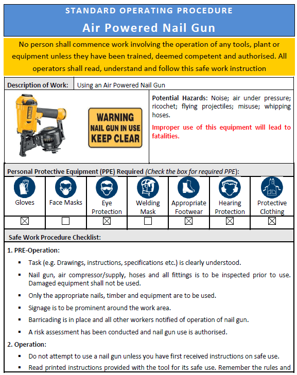 SOP Air Powered Nail Gun Civil Construction, Steel Fabrication