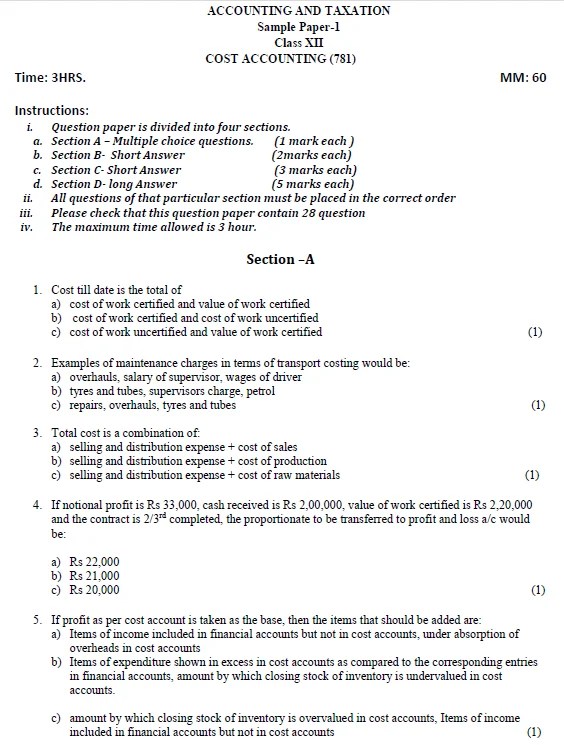 Cbse Vocational Question Paper “Cost Accounting” Code 781, Answer Key