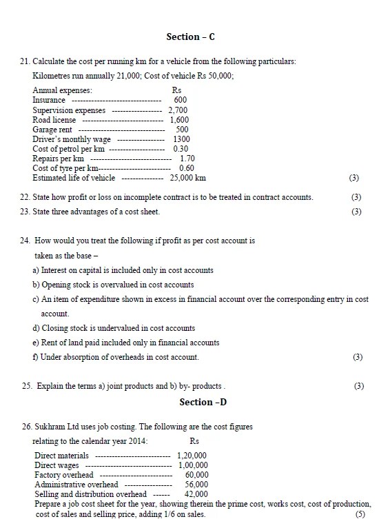 Cbse Vocational Question Paper “Cost Accounting” Code 781, Answer Key