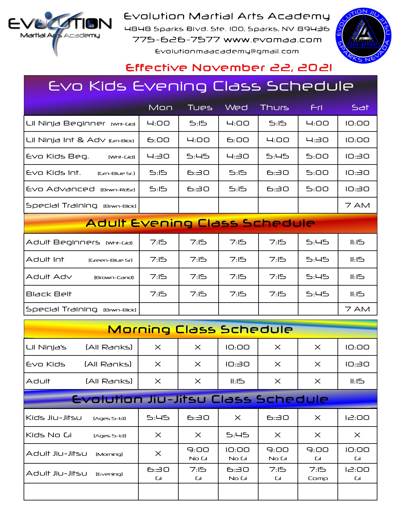 Schedule Evolution Jiu Jitsu