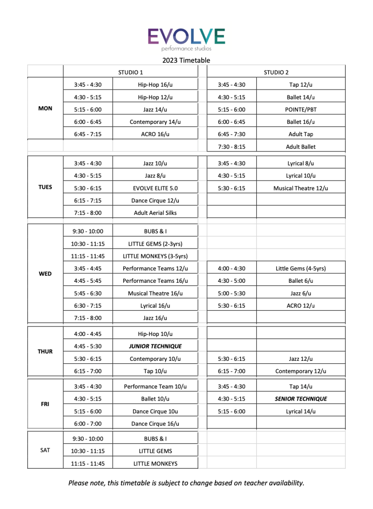 2023 TIMETABLE EVOLVE PERFORMANCE STUDIOS
