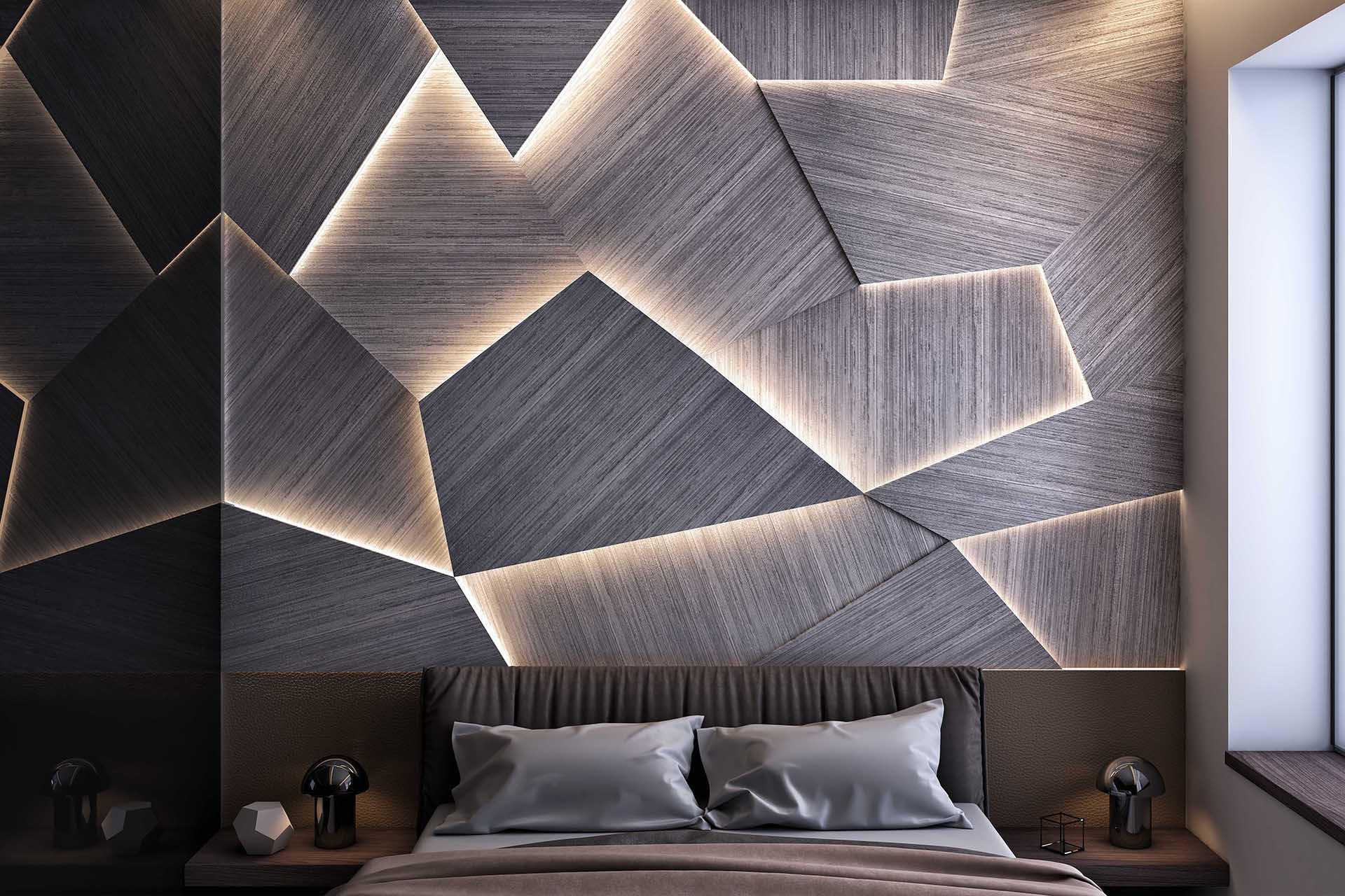 Headboard designed using a Rio Stripes Aluminium Finish Evolve India