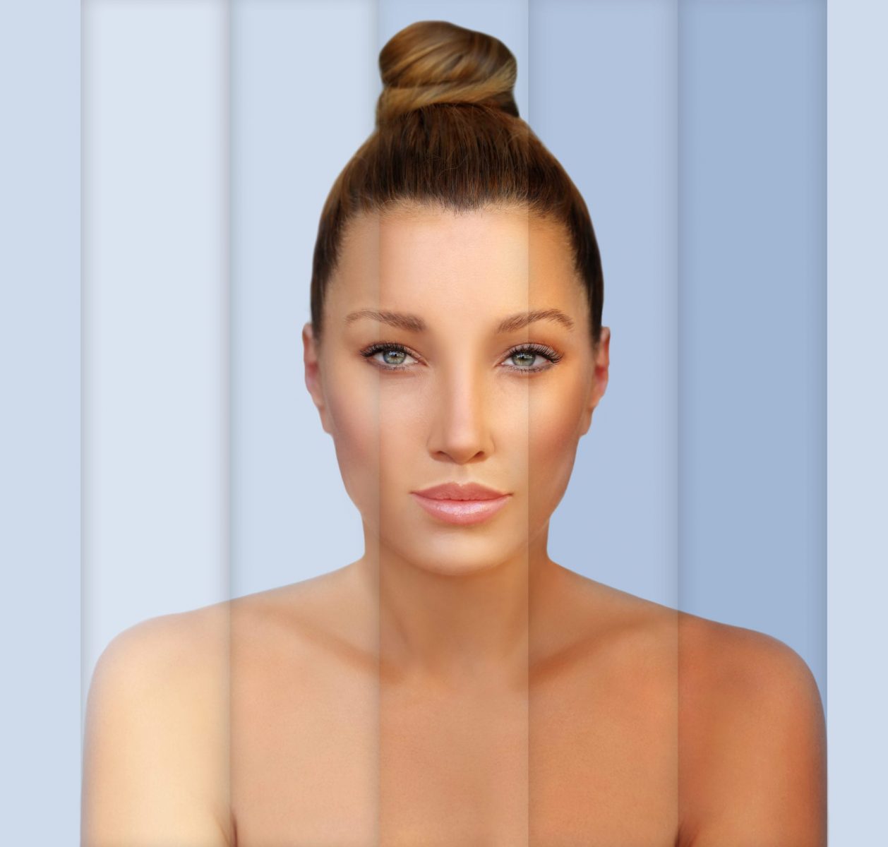 Beauty visual about suntan. Model’s face divided in parts tanned and
