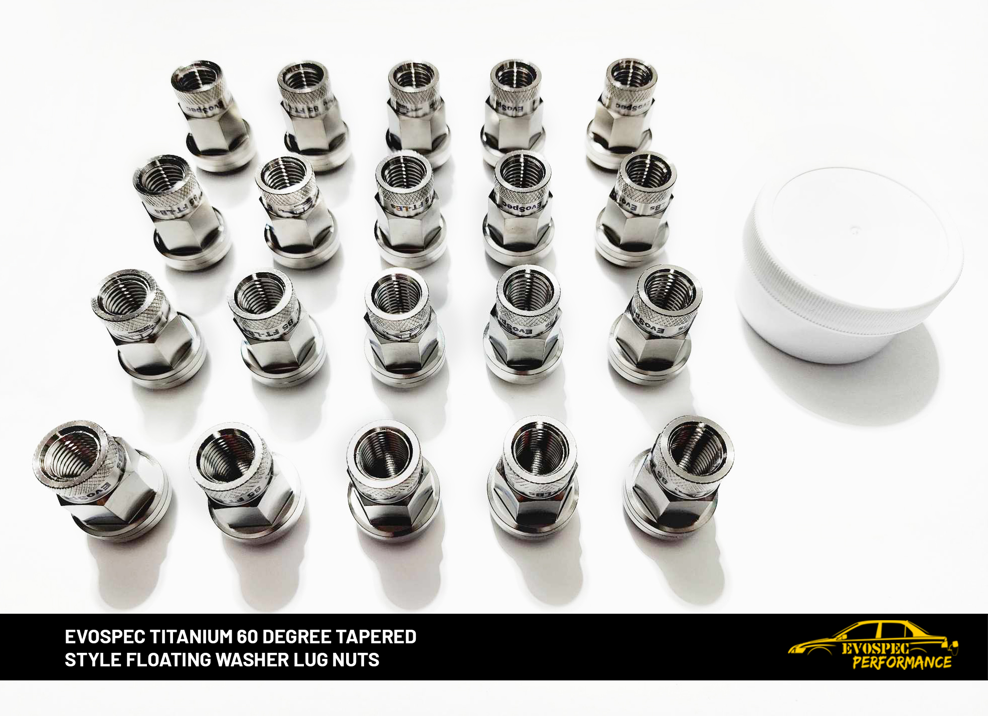 EvoSpec TITANIUM 60 degree tapered style floating washer lug nuts Evospec Performance