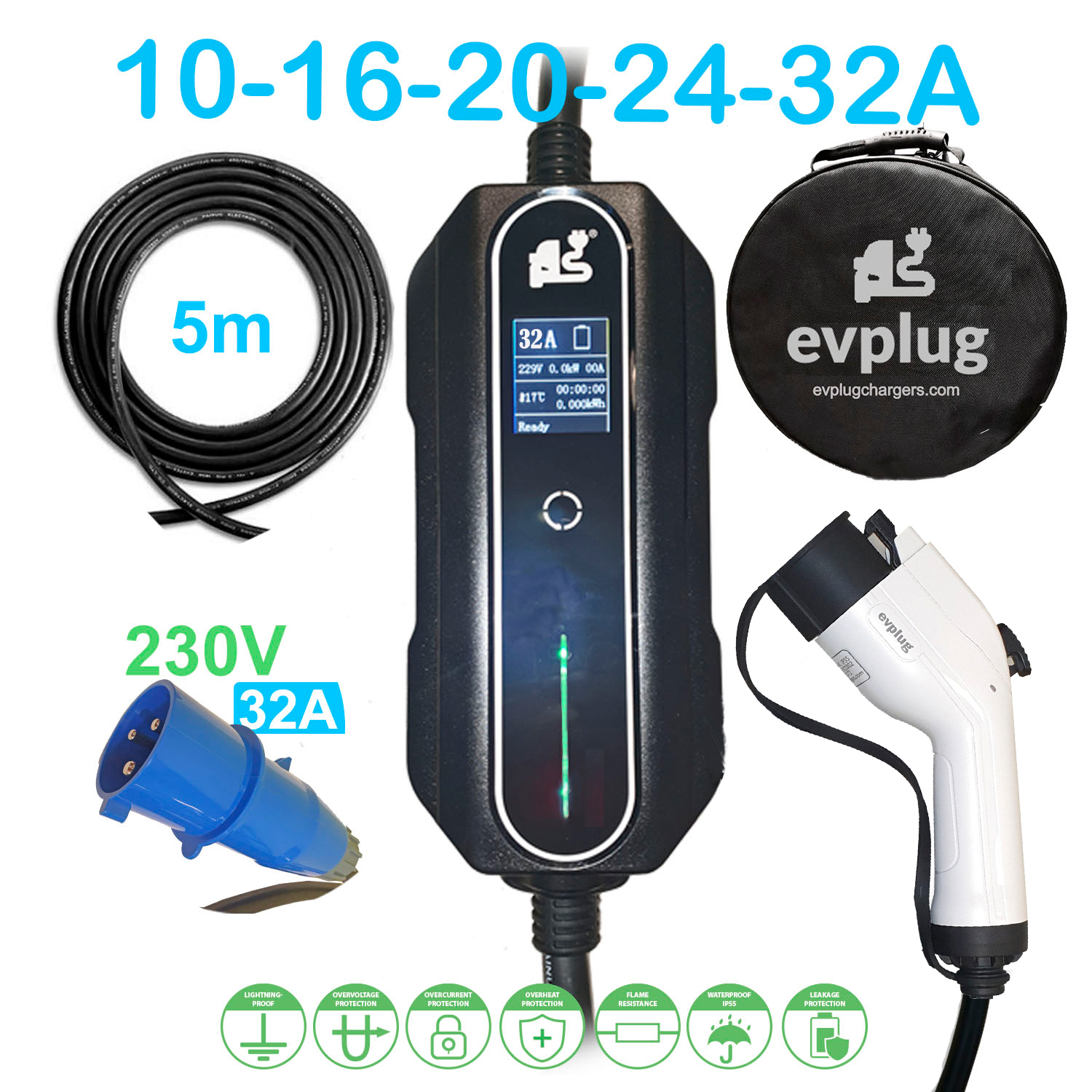 EVPLUG® Portable EV Charger for EV PHEV electric car Variable Power