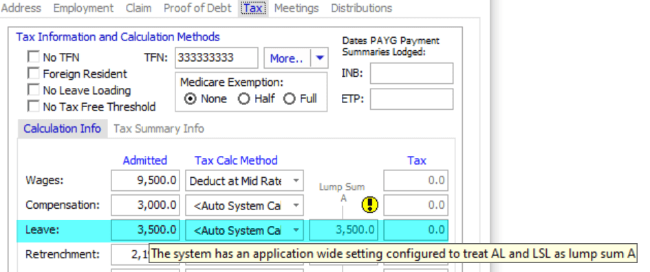 How do the tax settings in Application Settings affect employee tax