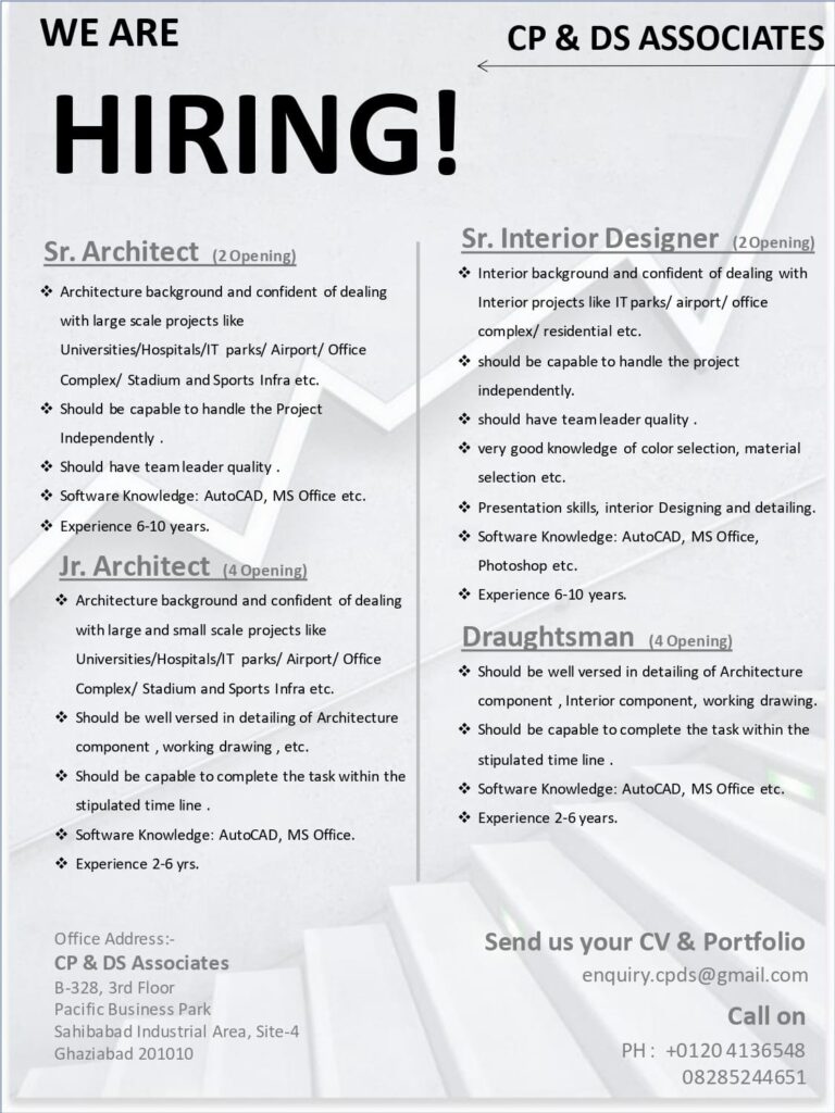 Vacancy for Sr. Architect, Sr. Interior Designer and Jr. Architect at
