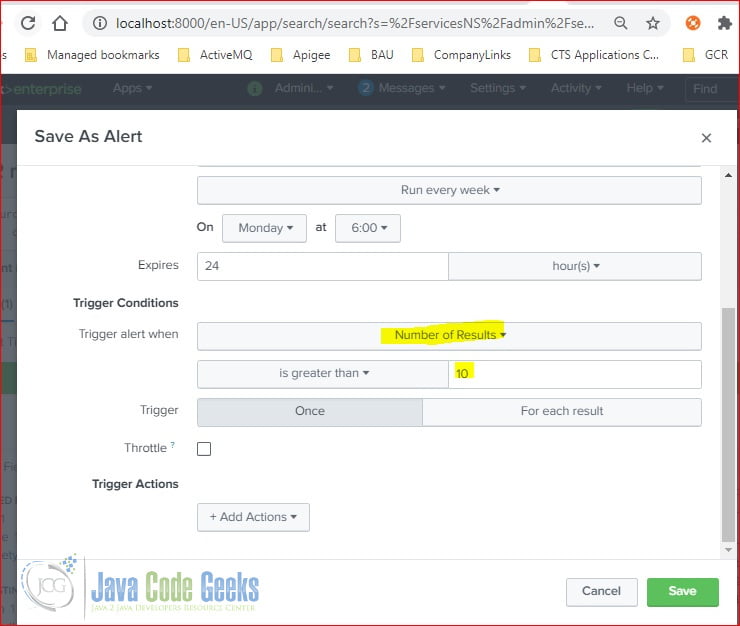 Splunk Schedules and Alerts Example Java Code Geeks