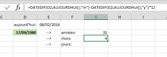 Excel Calculer l'âge en années, mois et jours
