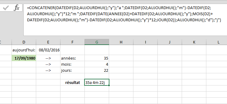 Excel Calculer l'âge en années, mois et jours