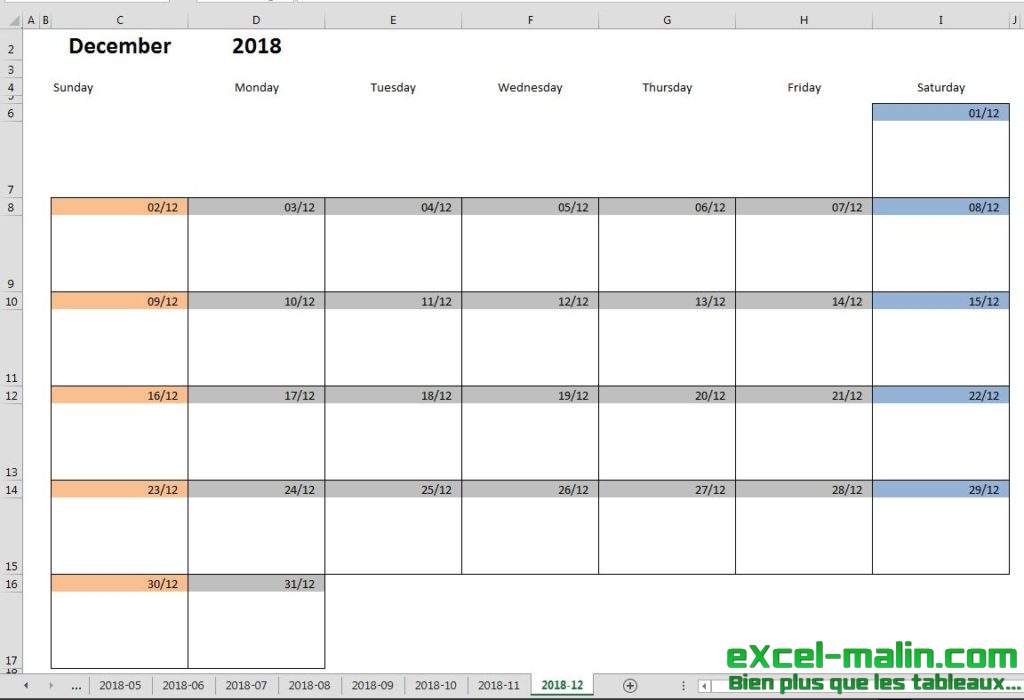 Printable monthly calendar template for Excel
