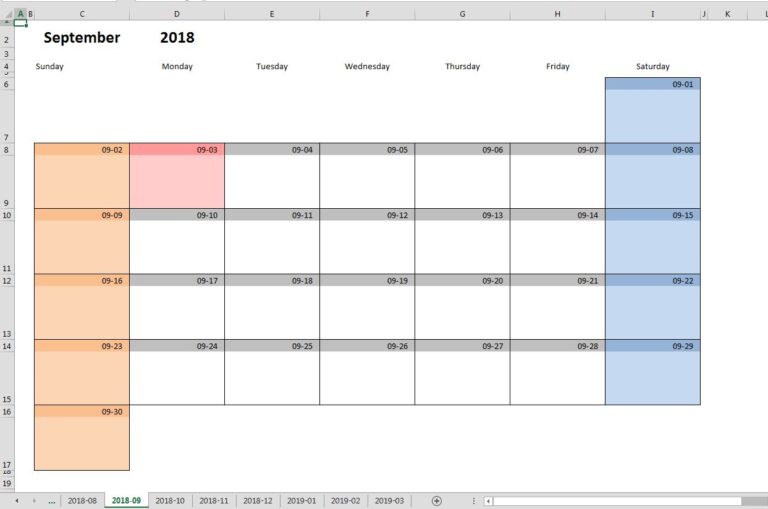 Printable monthly calendar template for Excel