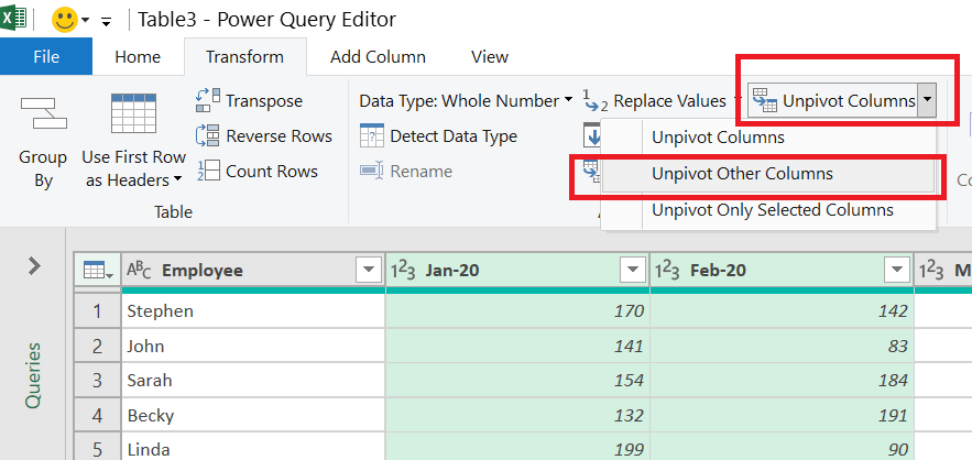 Pasted into Unpivot columns using Power Query Excel Practice Online