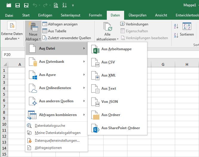 Änderungen an den Funktionen im Menüband zum Abruf externer Daten