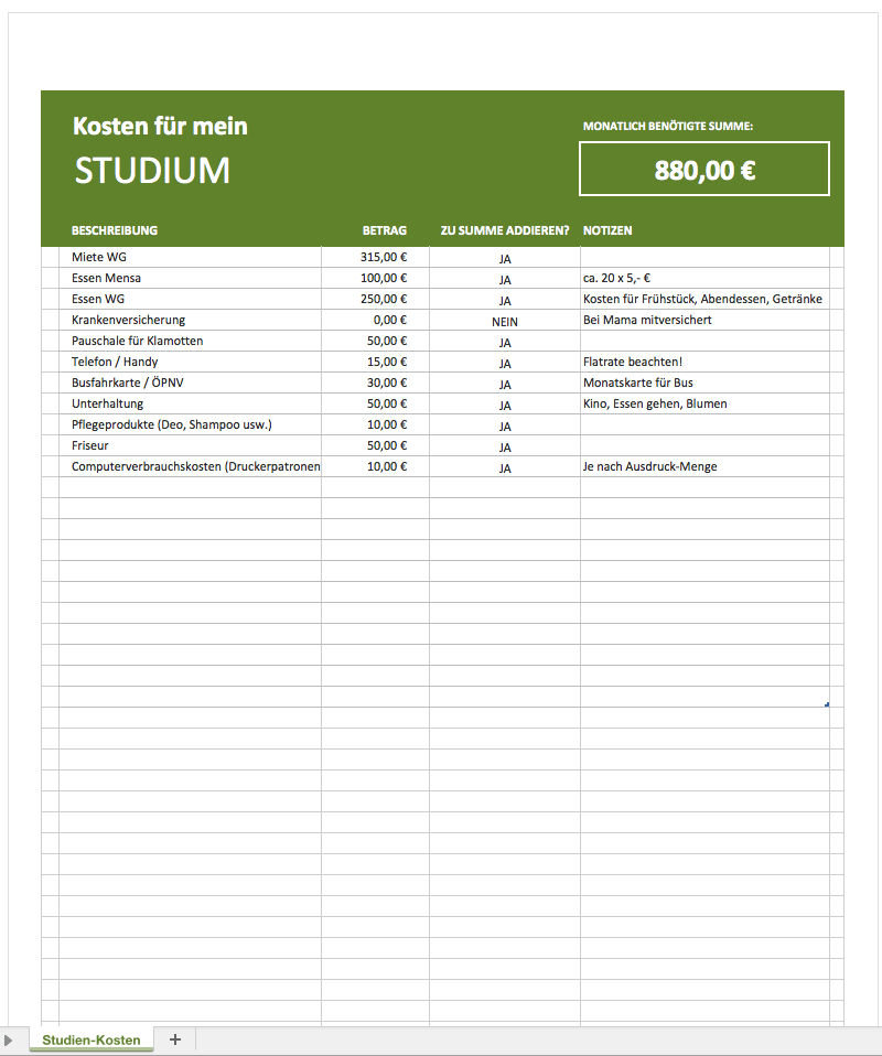 Kosten für das Studium berechnen