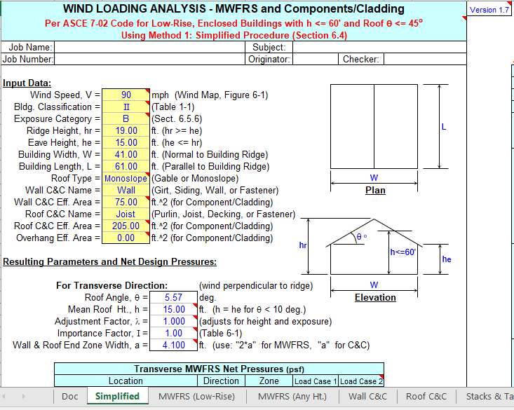 WIND LOADING ANALYSIS - MWFRS and Components/Cladding - Excel Sheets