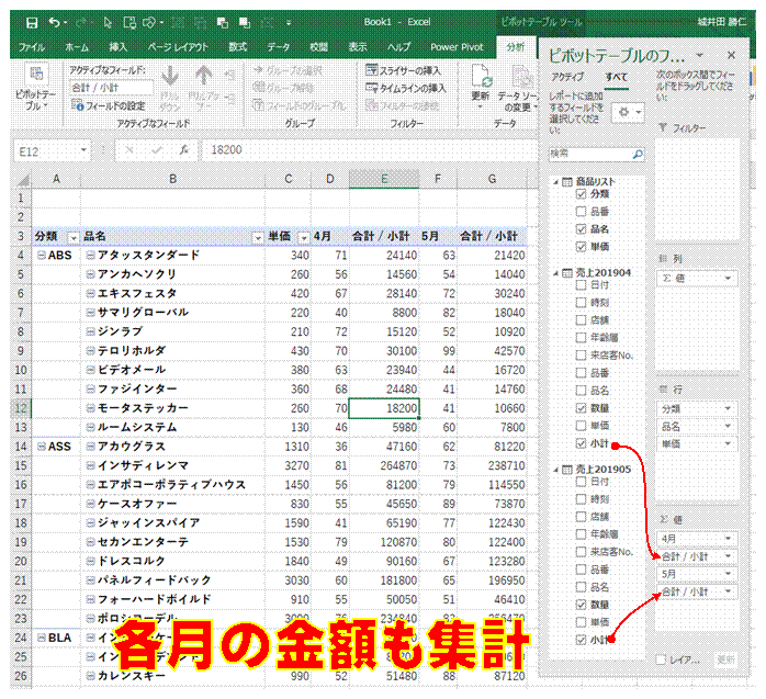 月別の売上表を一つのピボットテーブルでまとめて集計したい