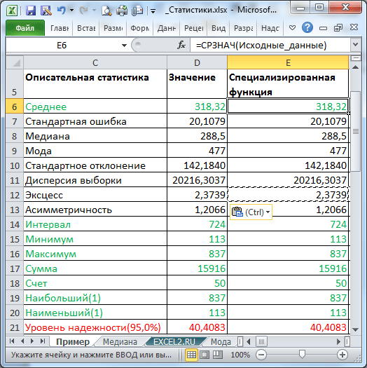 Описательная статистика в EXCEL. Примеры и описание