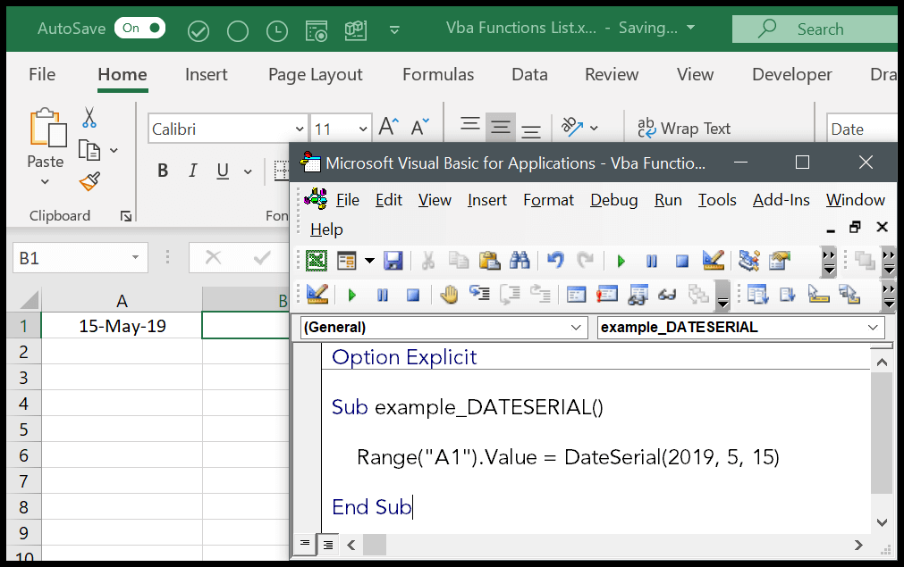 How to use the VBA DATESERIAL Function (Syntax + Example)