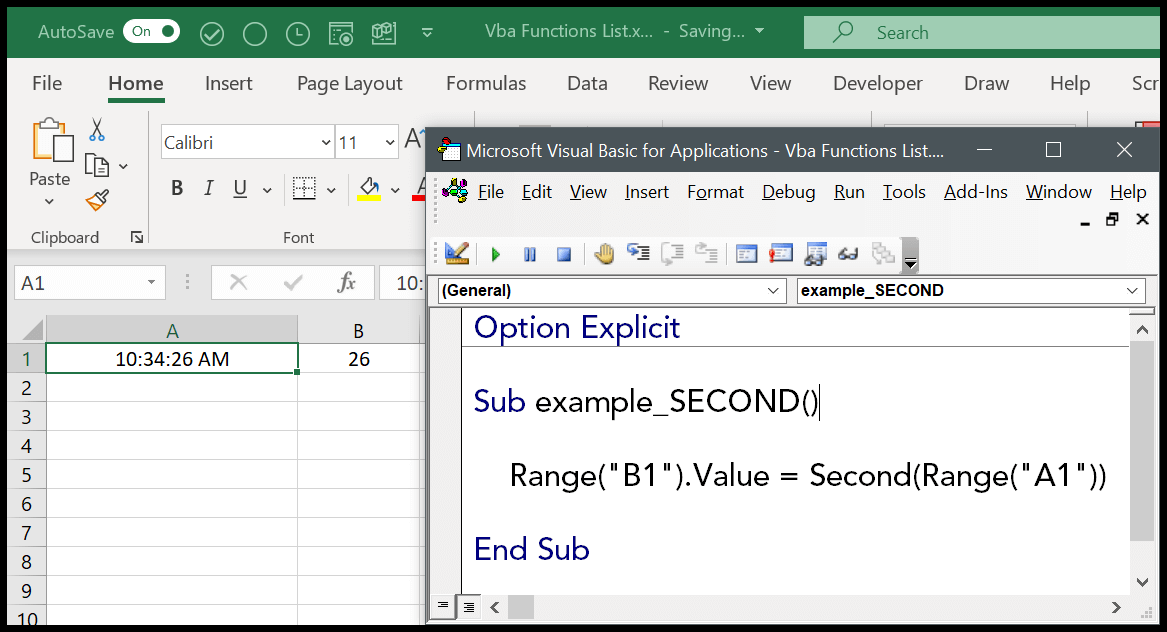 How to use the VBA SECOND Function (Syntax + Example)