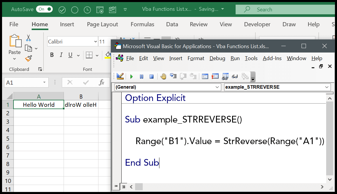 How to use the VBA STRREVERSE Function (Syntax + Example)