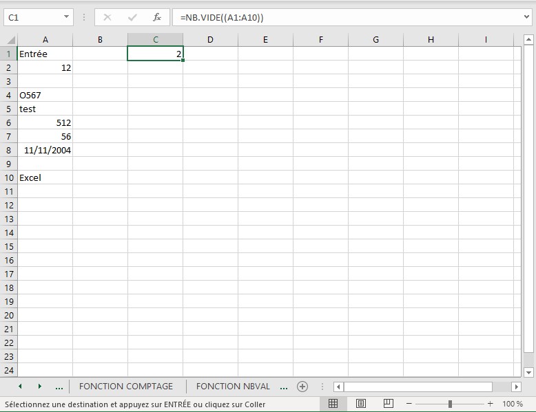 UTILISER LA FONCTION NB.VIDE POUR COMPTER LES CELLULES VIDES