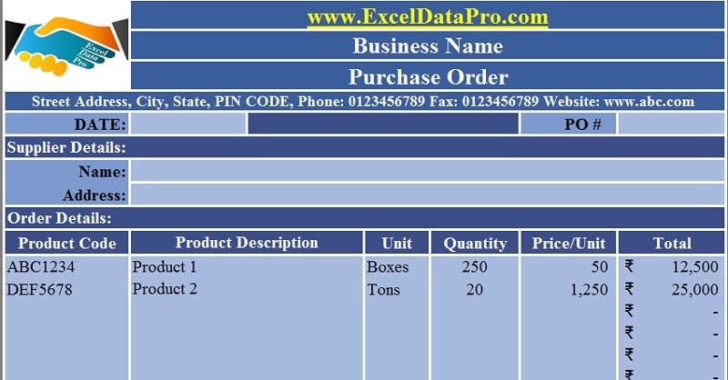 Download Purchase Order Excel Template ExcelDataPro