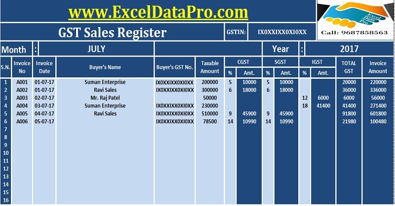 Download GST Sales Register Excel Template ExcelDataPro