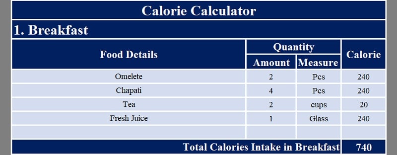 Download Food Calorie Calculator With Monthly Calorie Log Excel