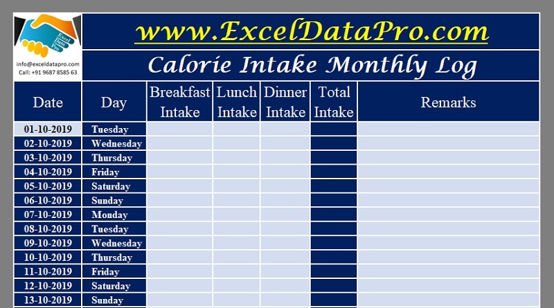 Download Food Calorie Calculator With Monthly Calorie Log Excel